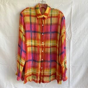Go Silk button front shirt 100% silk, plaid, colorful size: M/L(see description)